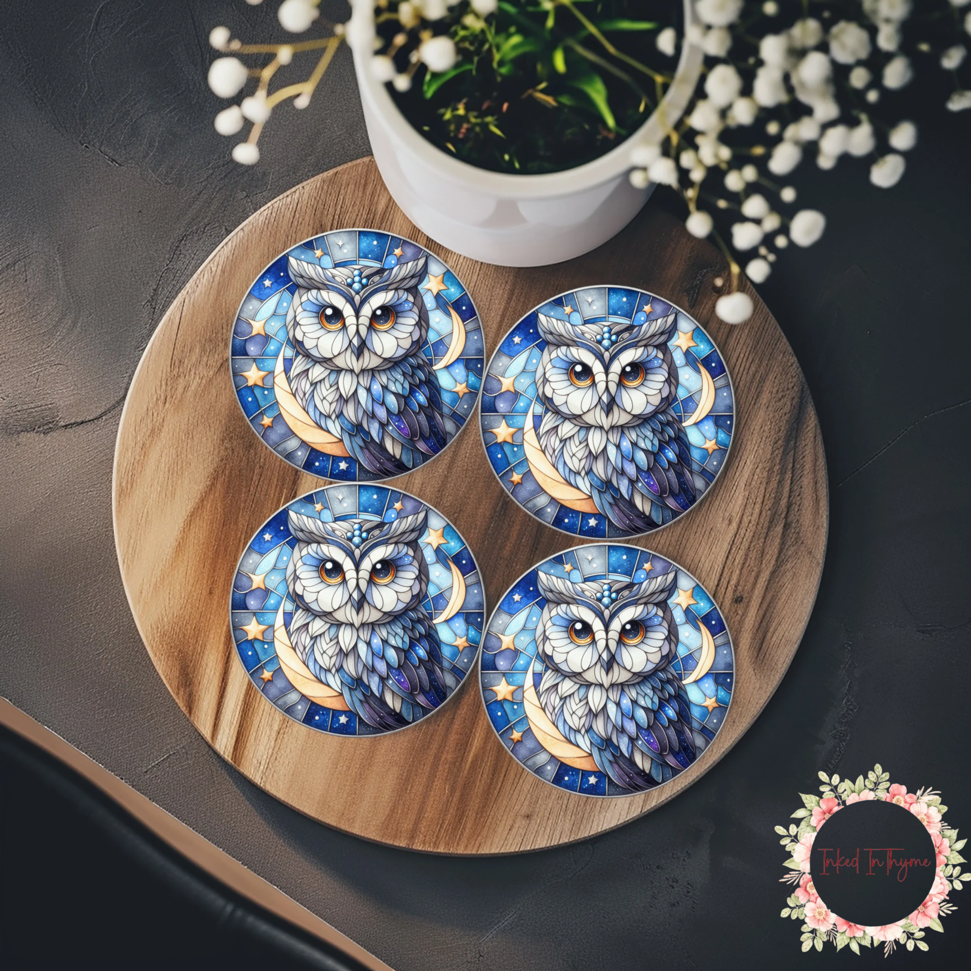 Faux Stained Glass Owl Coaster, Elegant Coffee Table Decor,Nature Lover Art Gift, Desk Accessory, Ceramic Coasters