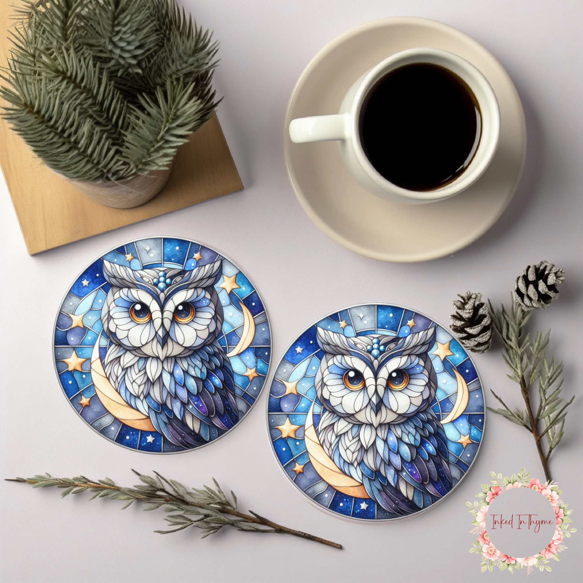 Faux Stained Glass Owl Coaster, Elegant Coffee Table Decor,Nature Lover Art Gift, Desk Accessory, Ceramic Coasters