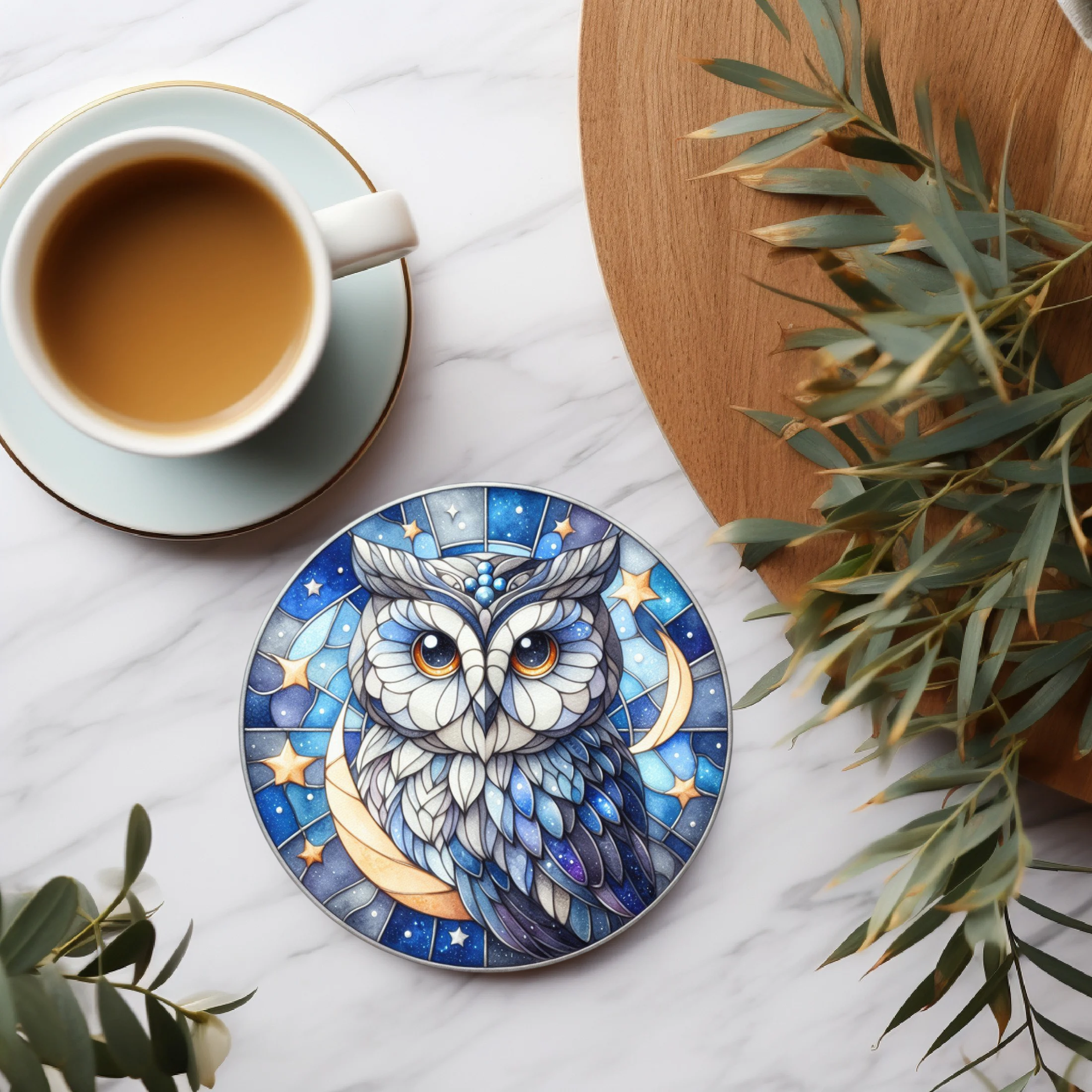 Faux Stained Glass Owl Coaster, Elegant Coffee Table Decor,Nature Lover Art Gift, Desk Accessory, Ceramic Coasters