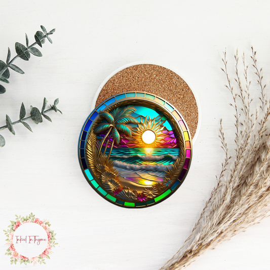 Faux Stained Glass Beach Scene Coaster, Elegant Coffee Table Decor,Beach Lover Art Gift, Desk Accessory, Ceramic Coasters