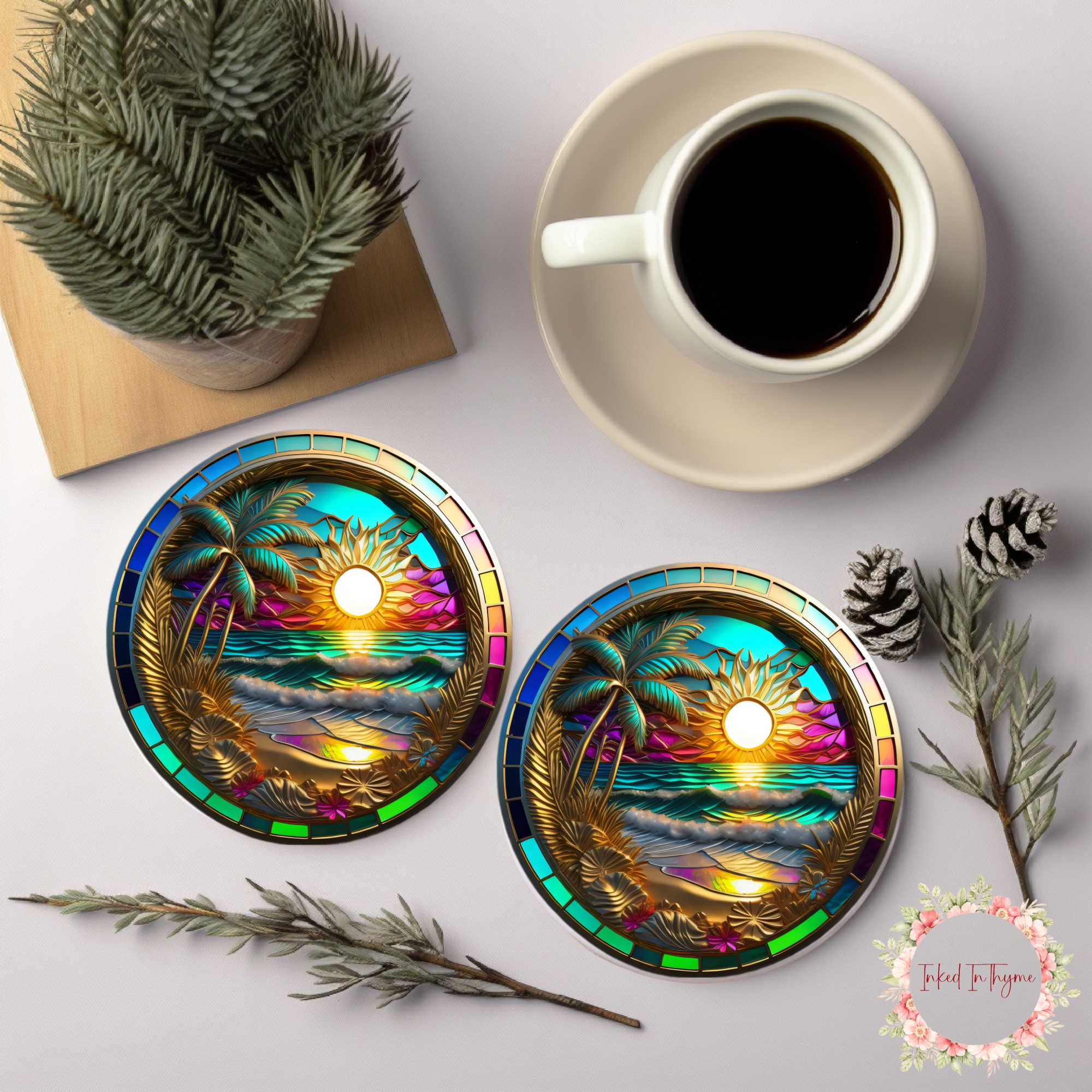 Faux Stained Glass Beach Scene Coaster, Elegant Coffee Table Decor,Beach Lover Art Gift, Desk Accessory, Ceramic Coasters
