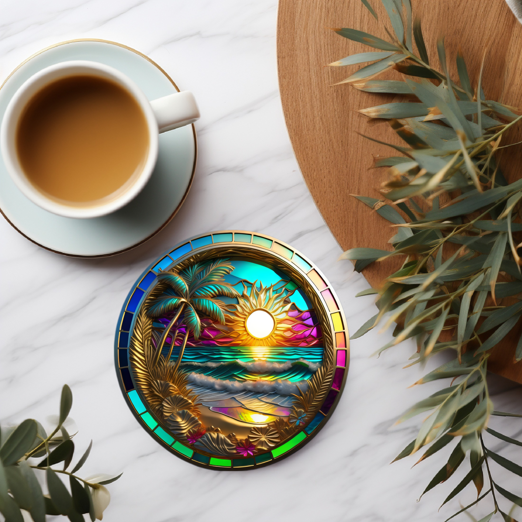 Faux Stained Glass Beach Scene Coaster, Elegant Coffee Table Decor,Beach Lover Art Gift, Desk Accessory, Ceramic Coasters