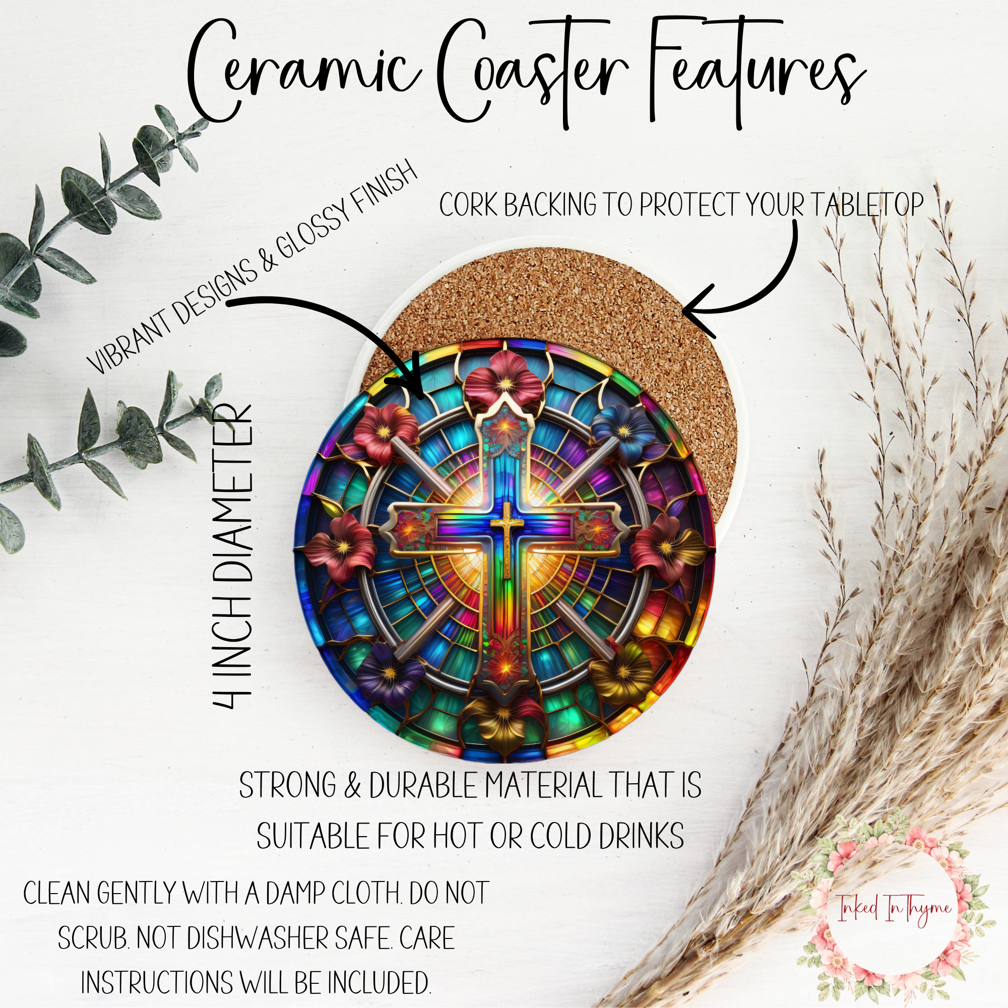 Faux Stained Glass Cross Coaster, Elegant Coffee Table Decor,Christian Art Gift, Desk Accessory, Ceramic Coasters