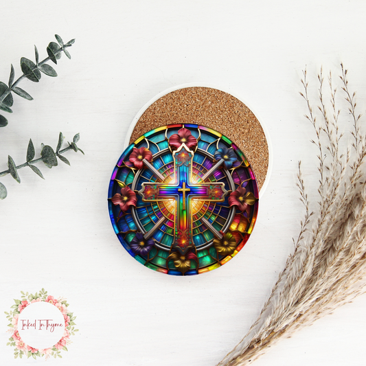 Faux Stained Glass Cross Coaster, Elegant Coffee Table Decor,Christian Art Gift, Desk Accessory, Ceramic Coasters