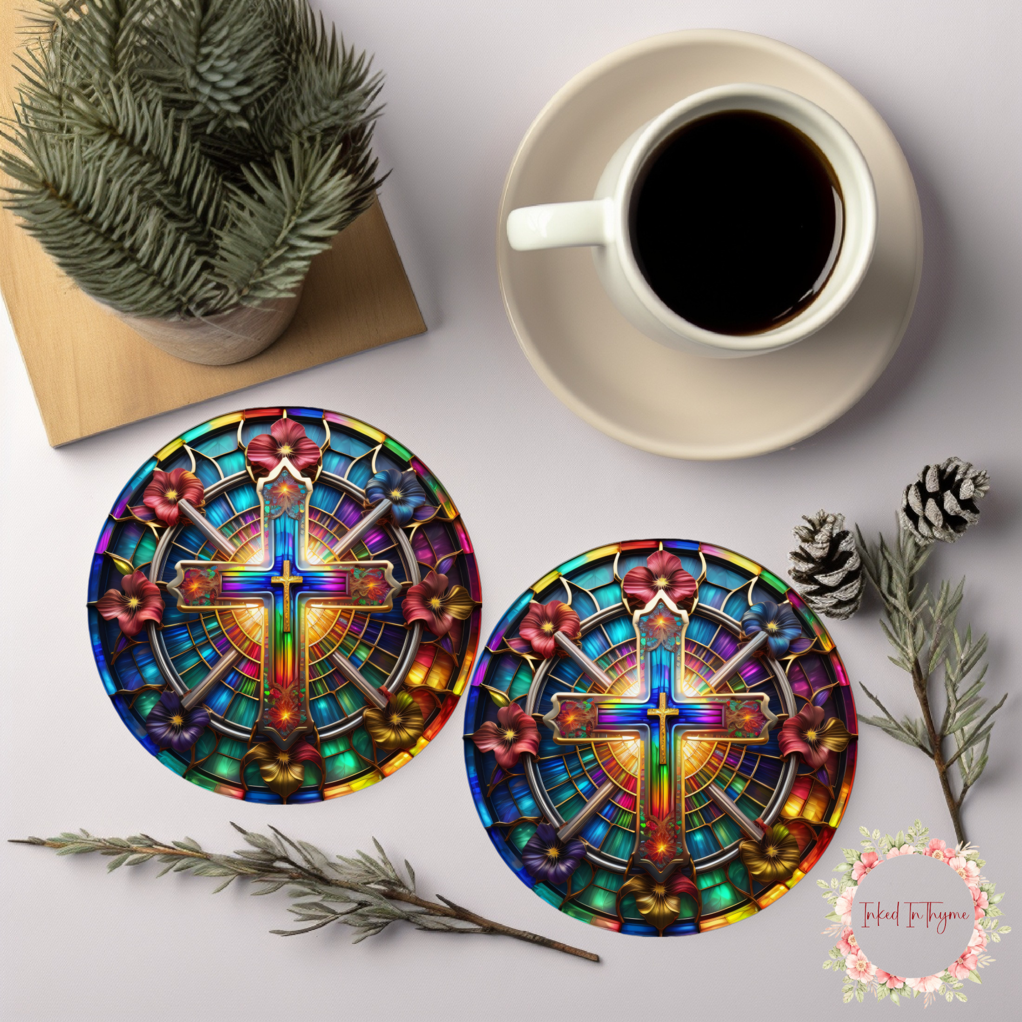 Faux Stained Glass Cross Coaster, Elegant Coffee Table Decor,Christian Art Gift, Desk Accessory, Ceramic Coasters