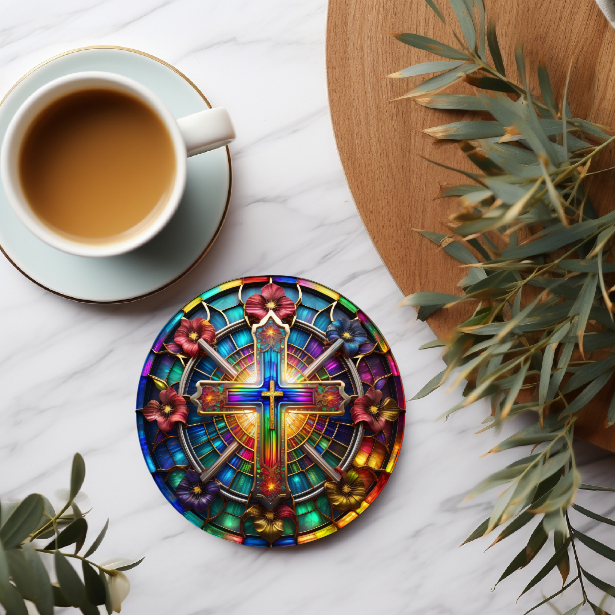 Faux Stained Glass Cross Coaster, Elegant Coffee Table Decor,Christian Art Gift, Desk Accessory, Ceramic Coasters