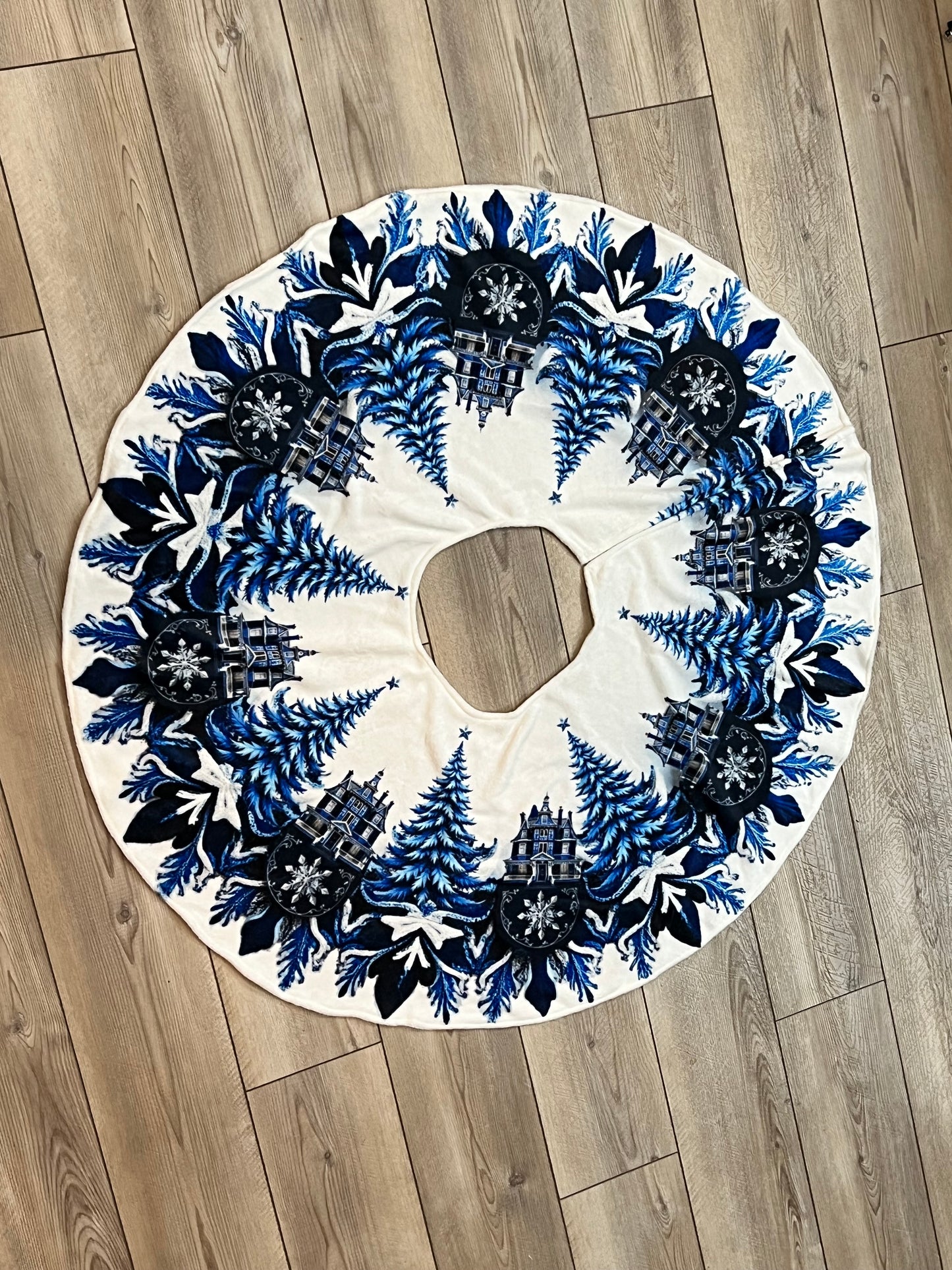 Blue and White Trees and Snowflakes Christmas Tree Skirt, Round Tree Skirt, Christmas Tree Decor
