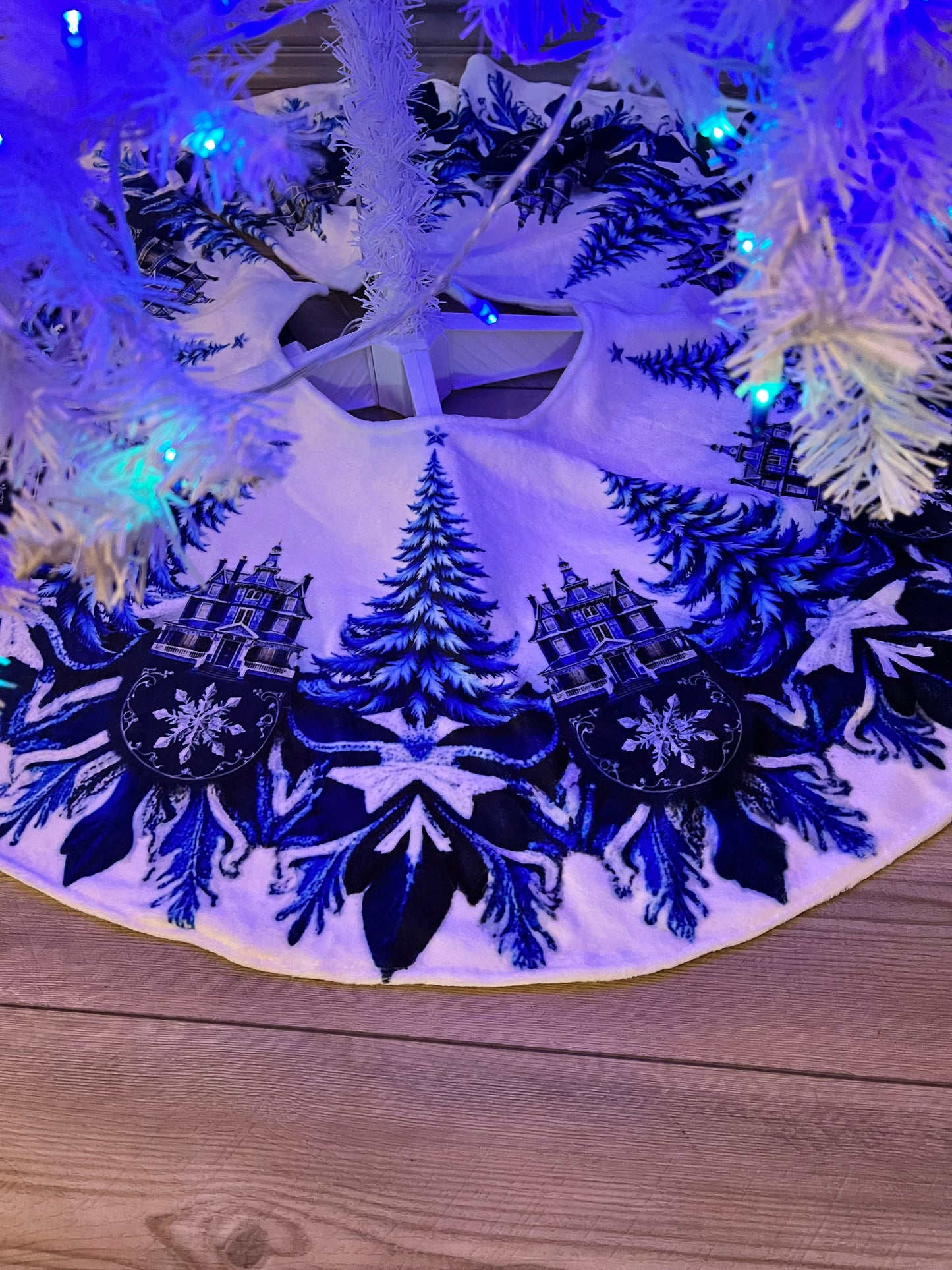 Blue and White Trees and Snowflakes Christmas Tree Skirt, Round Tree Skirt, Christmas Tree Decor