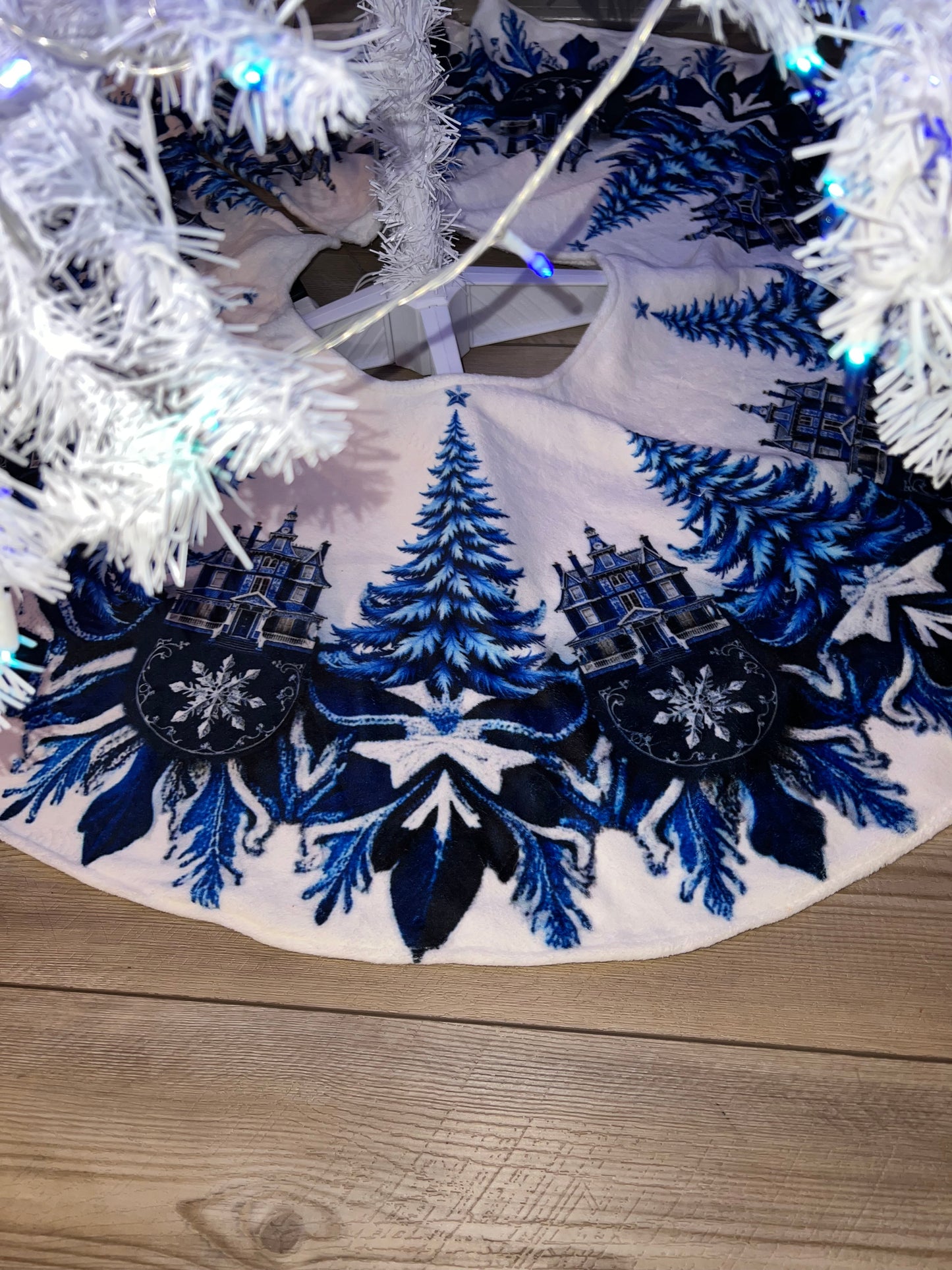 Blue and White Trees and Snowflakes Christmas Tree Skirt, Round Tree Skirt, Christmas Tree Decor