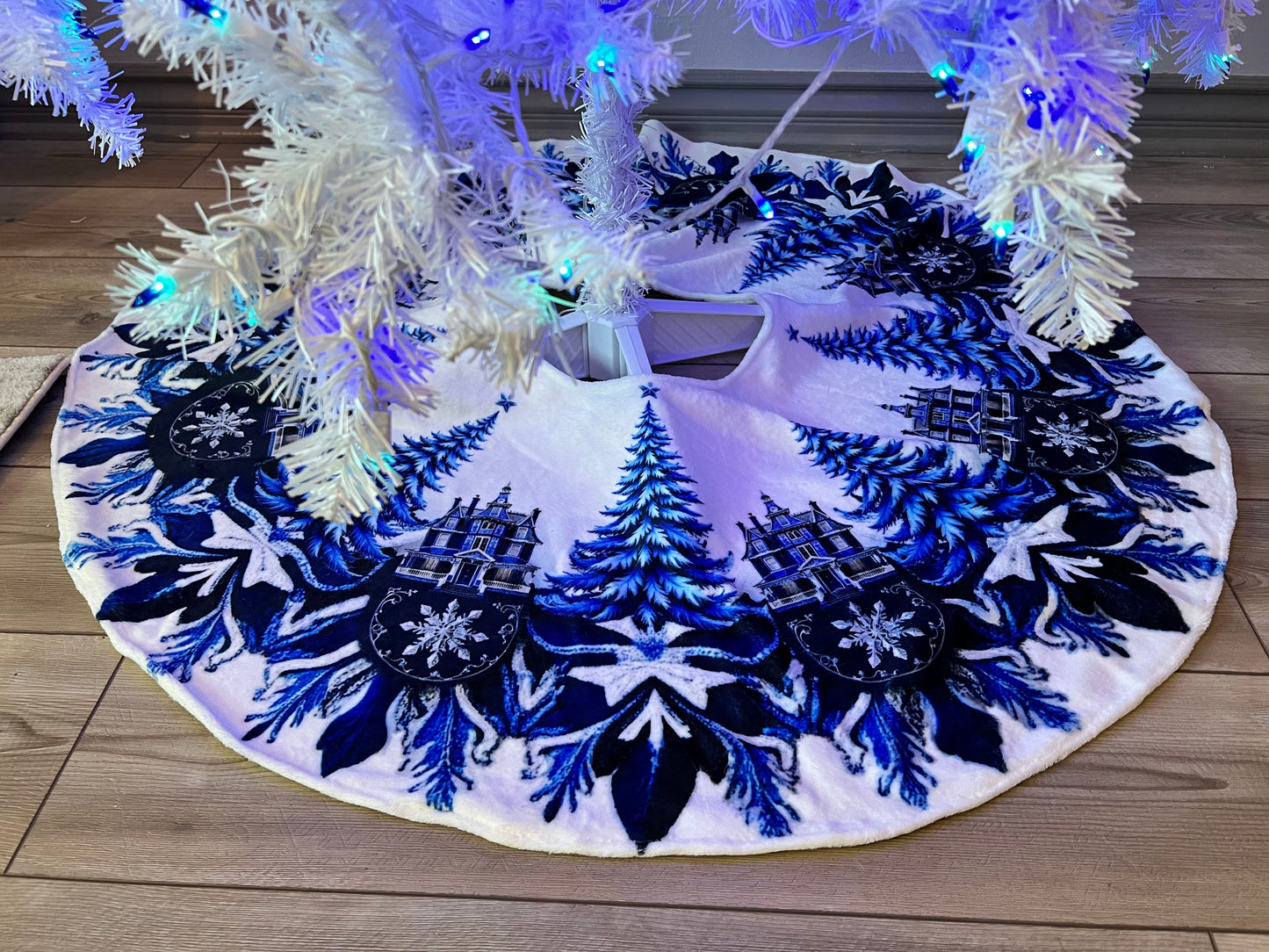 Blue and White Trees and Snowflakes Christmas Tree Skirt, Round Tree Skirt, Christmas Tree Decor