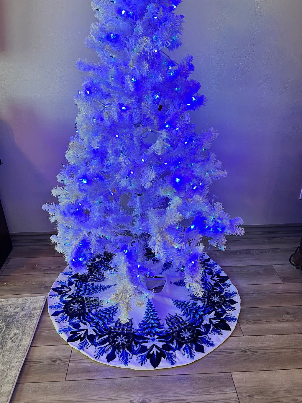 Blue and White Trees and Snowflakes Christmas Tree Skirt, Round Tree Skirt, Christmas Tree Decor
