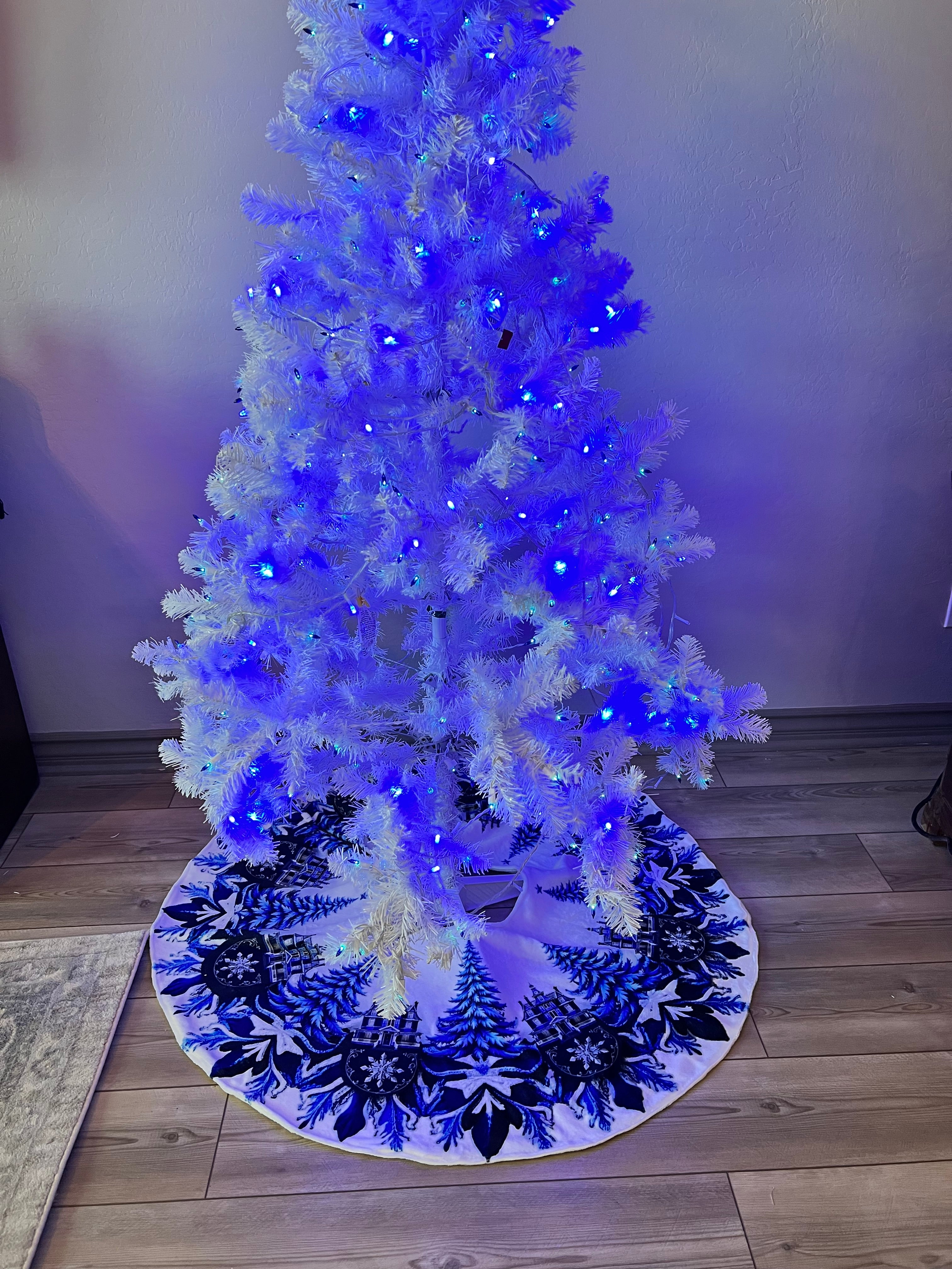 Blue and White Trees and Snowflakes Christmas Tree Skirt, Round Tree Skirt, Christmas Tree Decor