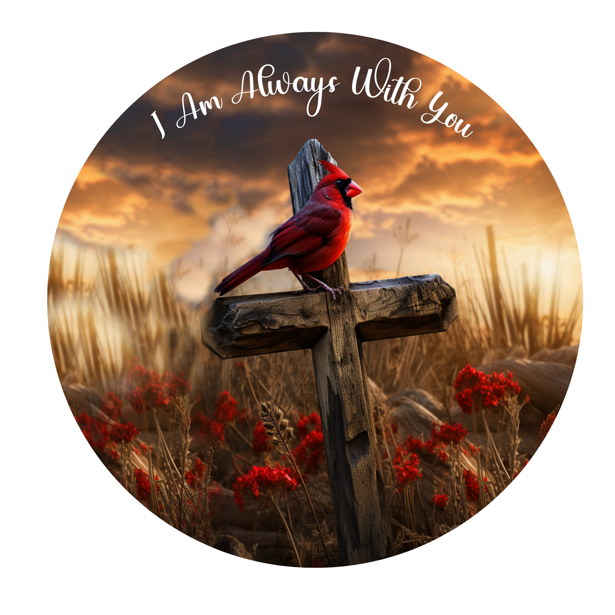 I Am Always With You Cardinal On A Cross  Wreath Sign, Round Metal Sign, Door Hanger