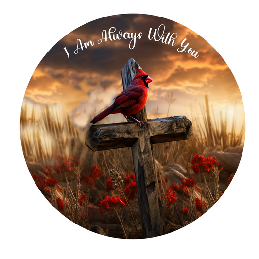 I Am Always With You Cardinal On A Cross  Wreath Sign, Round Metal Sign, Door Hanger