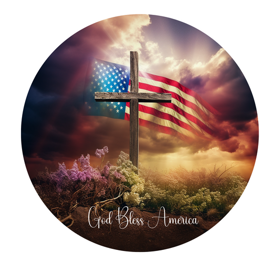 God Bless America Cross & American Flag  Wreath Sign, Round Metal Sign, Door Hanger