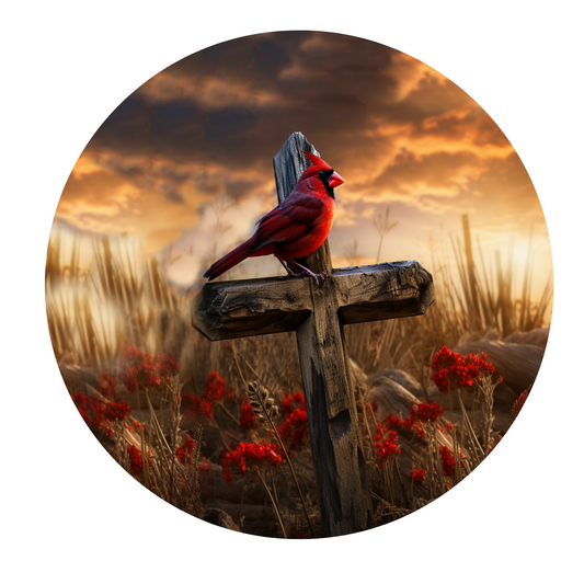 Cardinal On A Cross  Wreath Sign, Round Metal Sign, Door Hanger