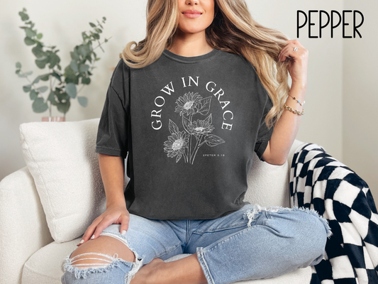 Grow In Grace Sunflower Bible Verse Shirt-Christian Religious Apparel-Gift for Her-Comfort Colors TShirt