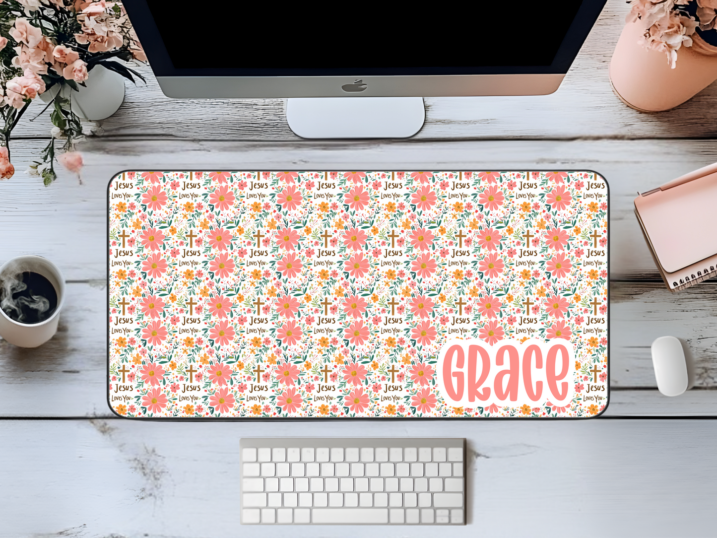 Custom Jesus Loves You Floral Desk Mat, Large Mousepad, Office Dorm Decor, Co Worker Teacher Gift, Home Office Desk Supplies