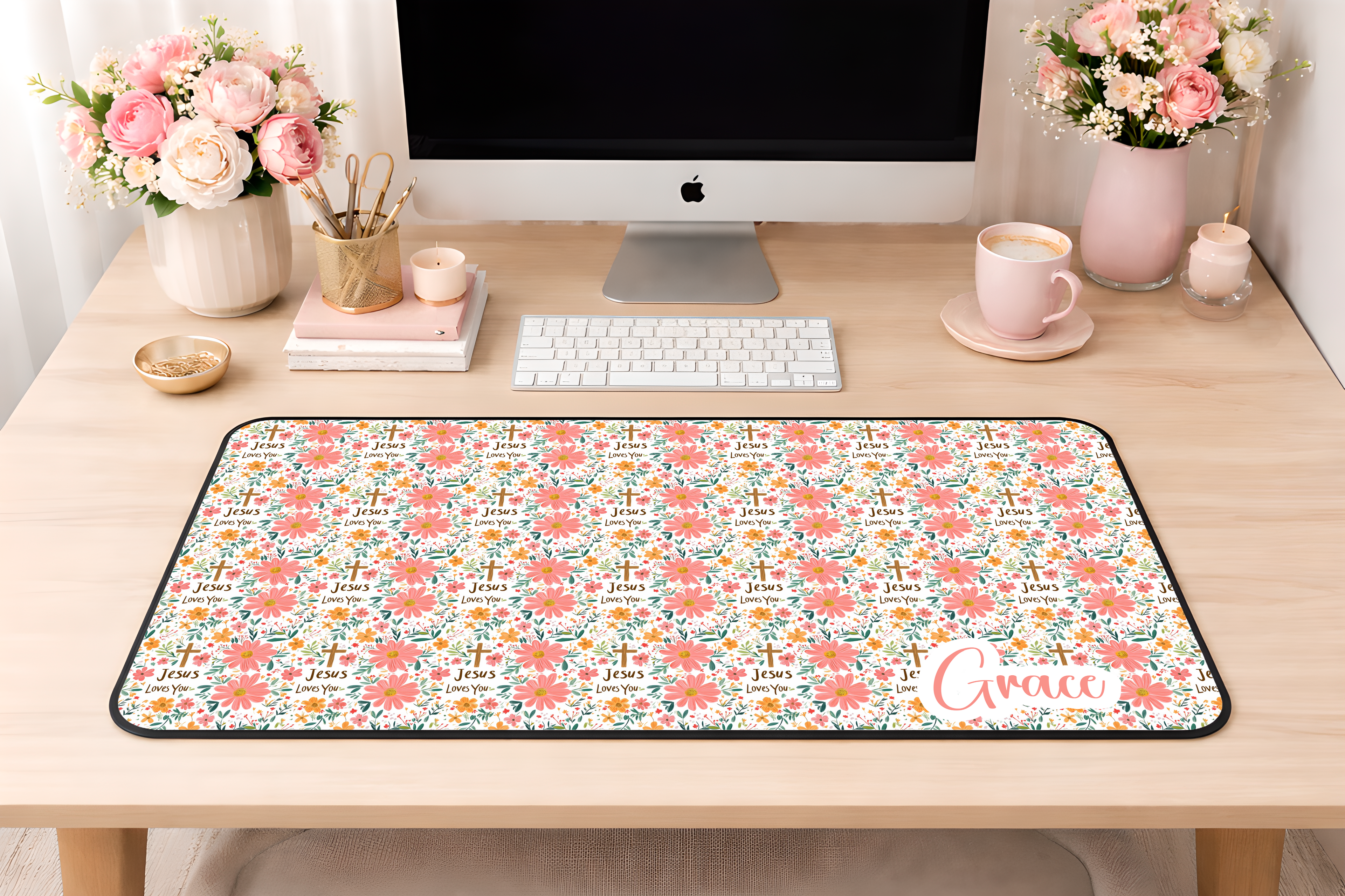 Custom Jesus Loves You Floral Desk Mat, Large Mousepad, Office Dorm Decor, Co Worker Teacher Gift, Home Office Desk Supplies