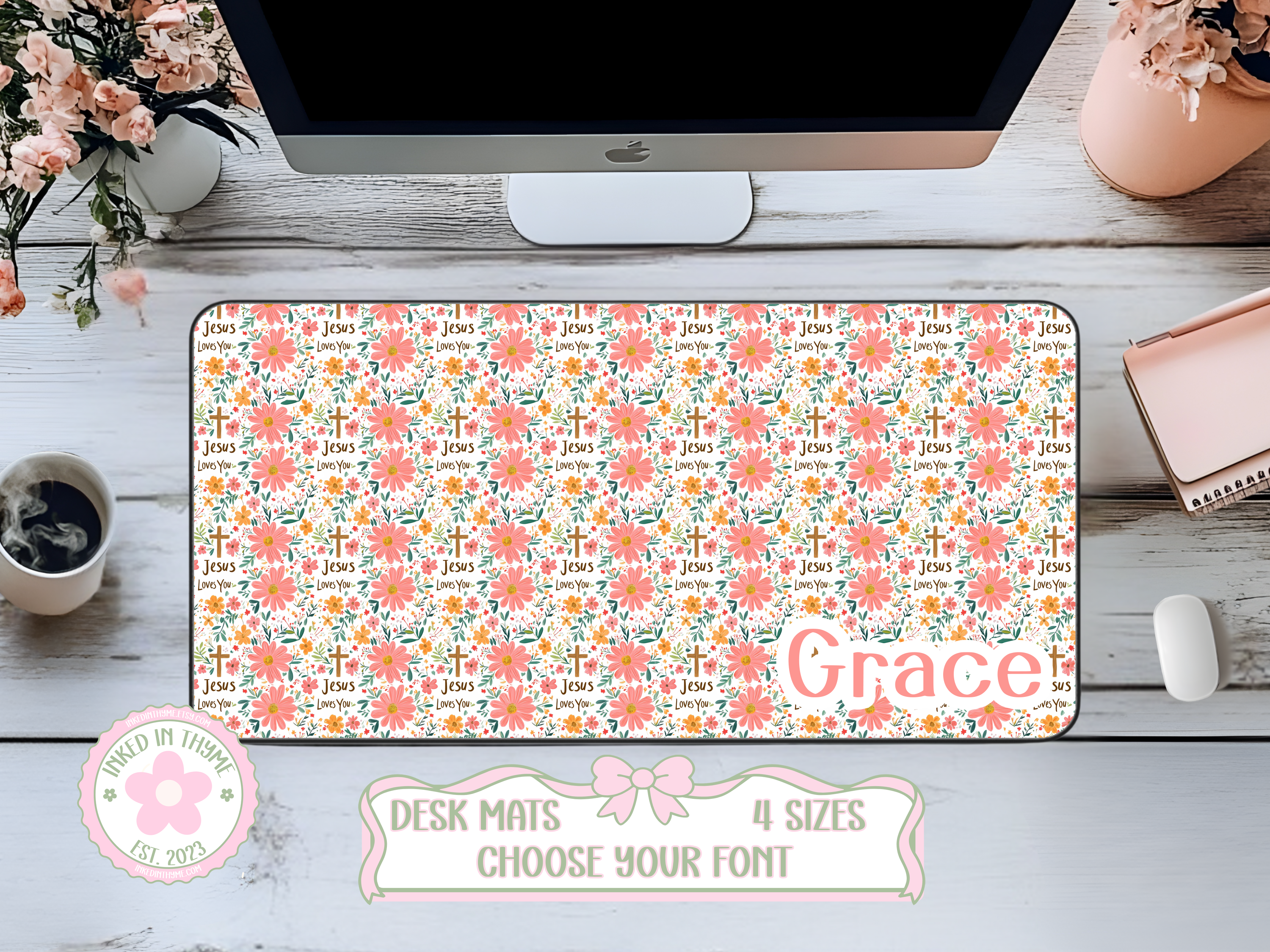 Custom Jesus Loves You Floral Desk Mat, Large Mousepad, Office Dorm Decor, Co Worker Teacher Gift, Home Office Desk Supplies