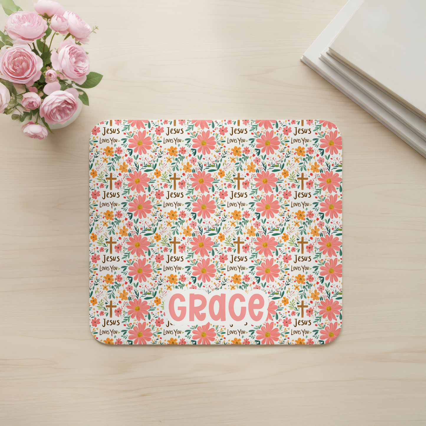 Custom Jesus Loves You Floral Desk Mat, Large Mousepad, Office Dorm Decor, Co Worker Teacher Gift, Home Office Desk Supplies
