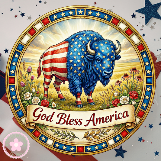 God Bless America Wreath Sign, Round Metal Sign For Wreaths, Wreath Attachment, Patriotic Christian Buffalo Wreath Sign