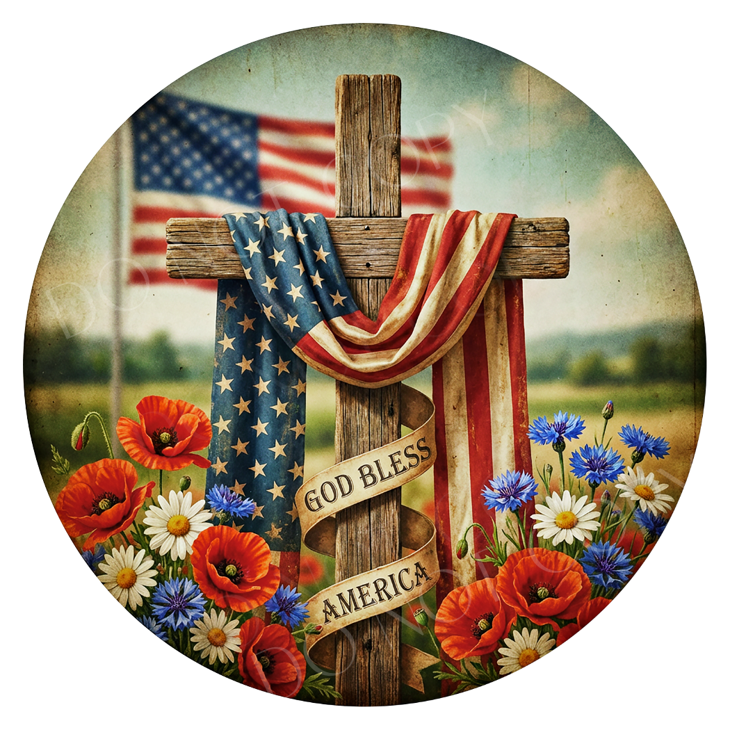 God Bless America Cross Wreath Sign, Round Metal Sign For Wreaths, Wreath Attachment, Americana Patriotic Wreath Center
