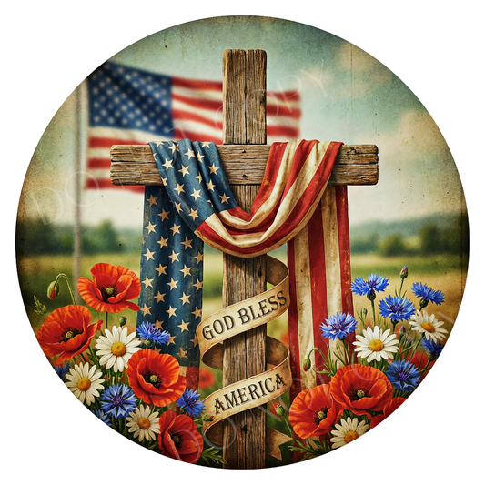 God Bless America Cross Wreath Sign, Round Metal Sign For Wreaths, Wreath Attachment, Americana Patriotic Wreath Center