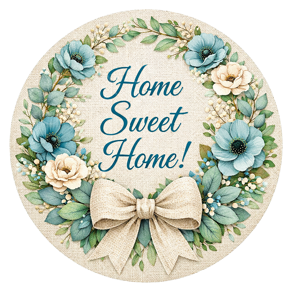 Home Sweet Home Blue Floral Wreath Sign, Round Metal Sign For Wreaths, Wreath Attachment, Everyday Wreath Sign