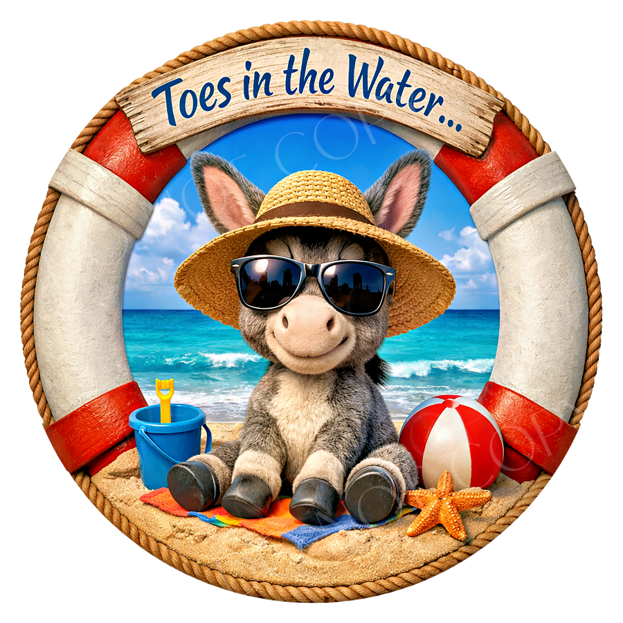 Toes In The Water Beach Themed Wreath Sign, Round Metal Sign For Wreaths, Wreath Attachment, Everyday Wreath Sign (Copy)