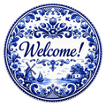 Welcome Blue Toile Wreath Sign, Round Metal Sign For Wreaths, Wreath Attachment, Everyday Wreath Sign