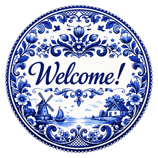 Welcome Blue Toile Wreath Sign, Round Metal Sign For Wreaths, Wreath Attachment, Everyday Wreath Sign