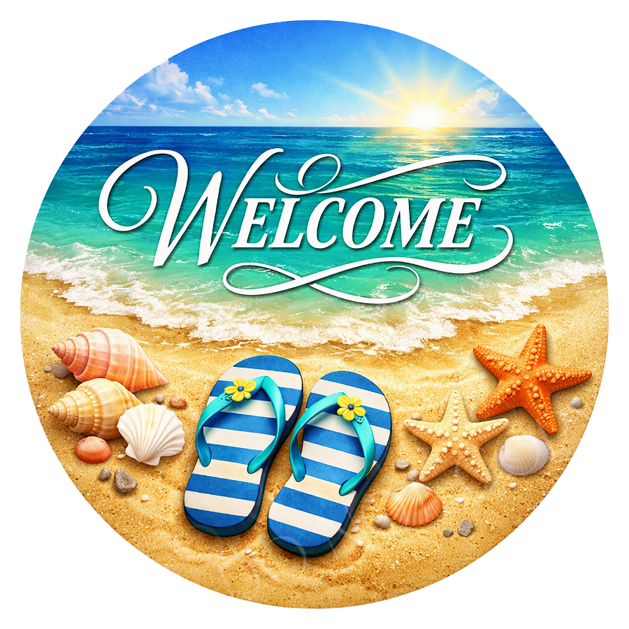 Welcome Beach Wreath Sign, Round Metal Sign For Wreaths, Wreath Attachment, Everyday Wreath Sign