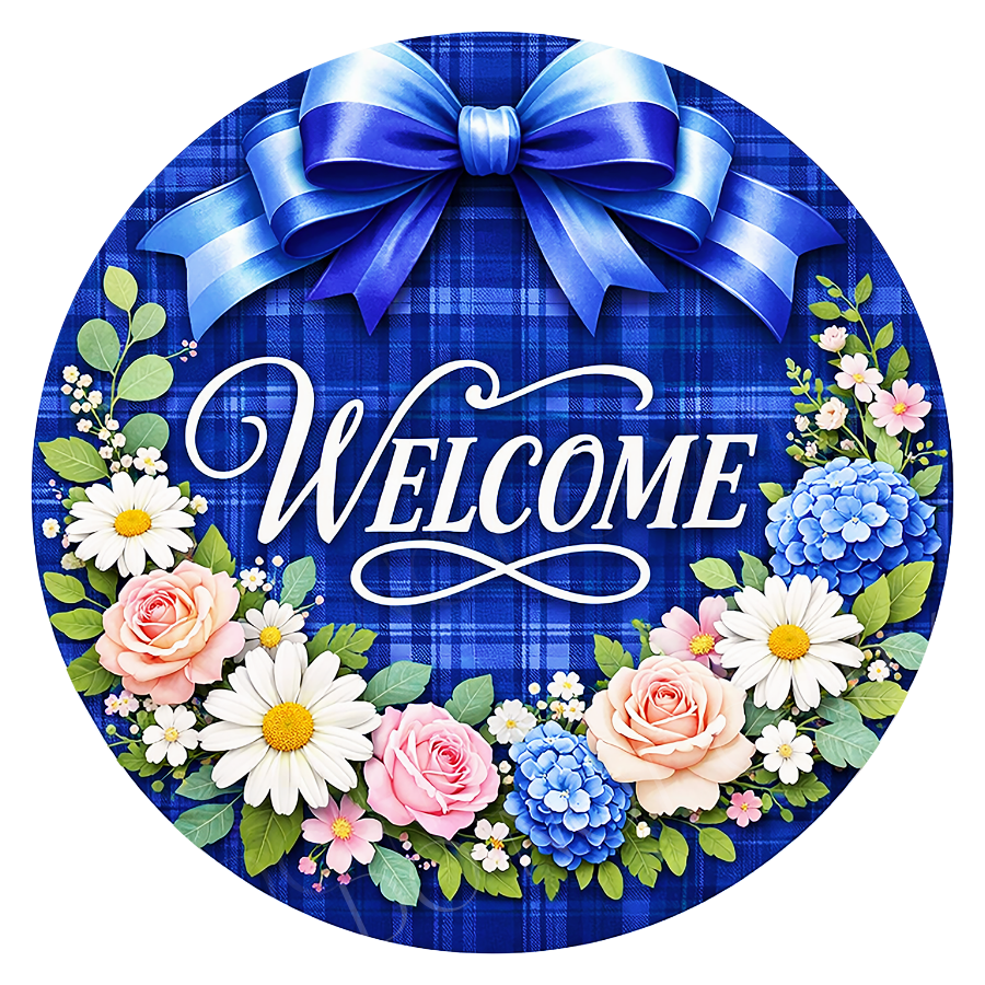 Welcome Blue Plaid Wreath Sign, Round Metal Sign For Wreaths, Wreath Attachment, Floral Wreath Center