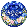 Welcome Blue Plaid Wreath Sign, Round Metal Sign For Wreaths, Wreath Attachment, Floral Wreath Center