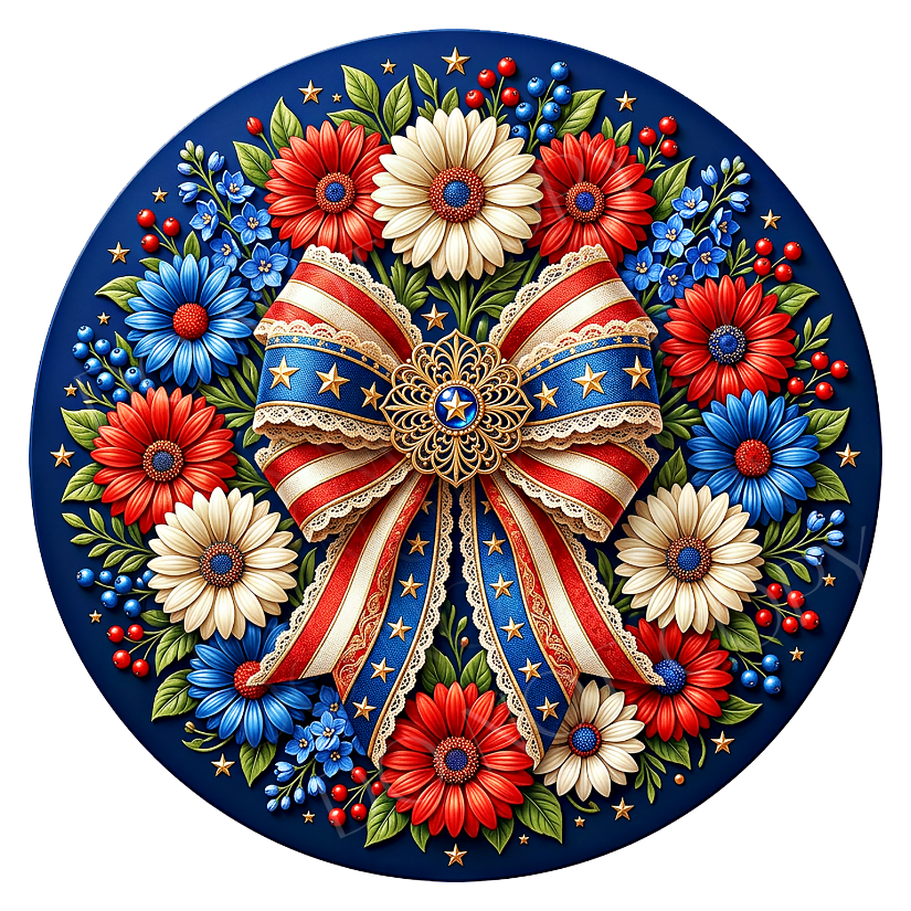 Patriotic Bow Wreath Sign, Round Metal Sign For Wreaths, Wreath Attachment, Americana Patriotic Wreath Center