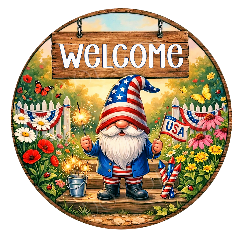 Patriotic Gnome Wreath Sign, Round Metal Sign For Wreaths, Wreath Attachment, Patriotic Stars & Stripes Wreath Sign