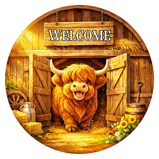 Highland Cow Welcome Wreath Sign, Round Metal Sign For Wreaths, Wreath Attachment, Everyday Wreath Sign