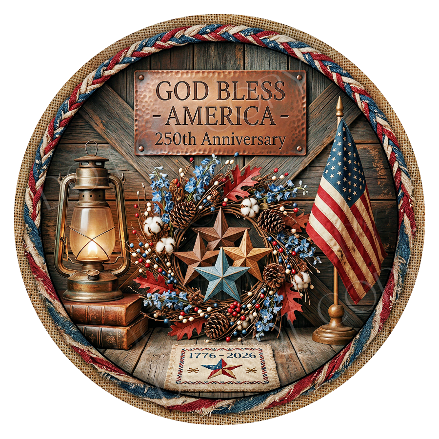 God Bless America Wreath Sign, Round Metal Sign For Wreaths, Wreath Attachment, Patriotic Christian Wreath Sign