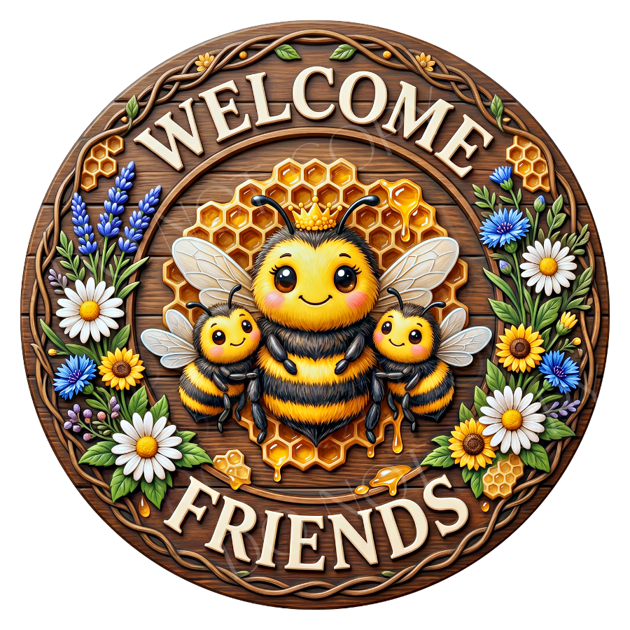 Welcome Friends Bee Wreath Sign, Round Metal Sign For Wreaths, Wreath Attachment, Everyday Wreath Sign, Bee Wreath Sign