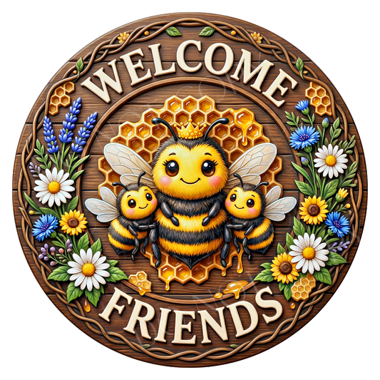 Welcome Friends Bee Wreath Sign, Round Metal Sign For Wreaths, Wreath Attachment, Everyday Wreath Sign, Bee Wreath Sign