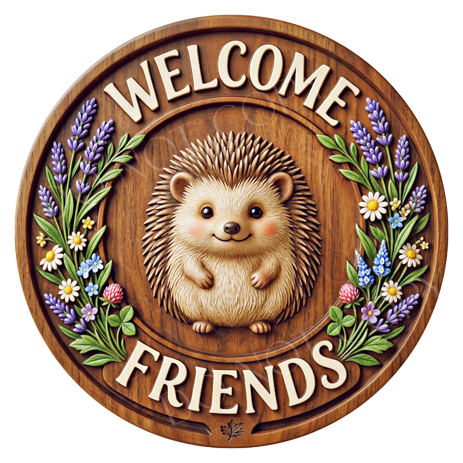 Welcome Friends Hedgehog Wreath Sign, Round Metal Sign For Wreaths, Wreath Attachment, Everyday Wreath Sign, Hedgehog Wreath Sign