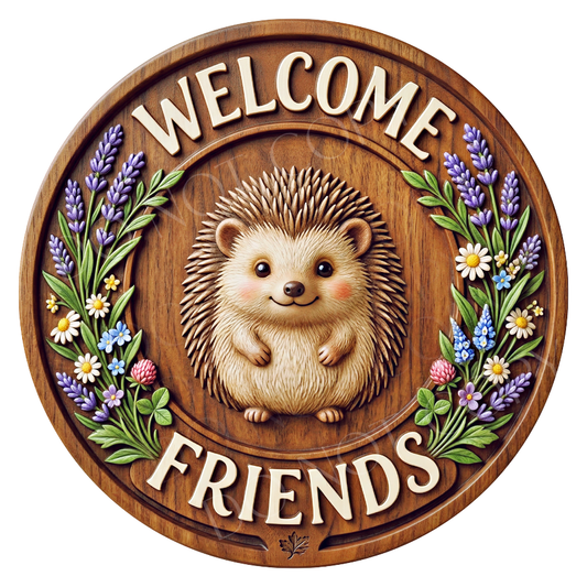 Welcome Friends Hedgehog Wreath Sign, Round Metal Sign For Wreaths, Wreath Attachment, Everyday Wreath Sign, Hedgehog Wreath Sign