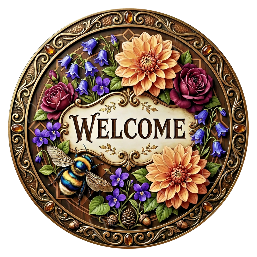 Welcome Floral Wreath Sign, Round Metal Sign For Wreaths, Wreath Attachment, Everyday Wreath Sign, Welcome Wreath Sign