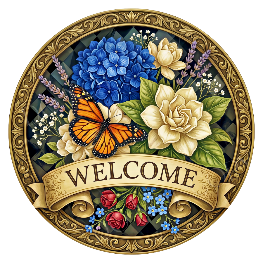 Welcome Floral & Butterfly Wreath Sign, Round Metal Sign For Wreaths, Wreath Attachment, Everyday Wreath Sign, Welcome Wreath Sign