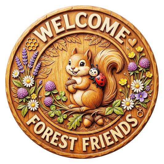 Welcome Forest Friends Wreath Sign, Round Metal Sign For Wreaths, Wreath Attachment, Everyday Wreath Sign, Faux Wood Wreath Sign