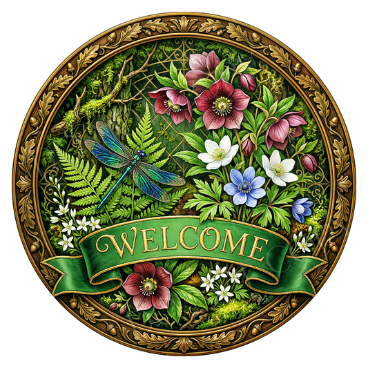 Welcome Floral & Dragonfly Wreath Sign, Round Metal Sign For Wreaths, Wreath Attachment, Everyday Wreath Sign, Welcome Wreath Sign
