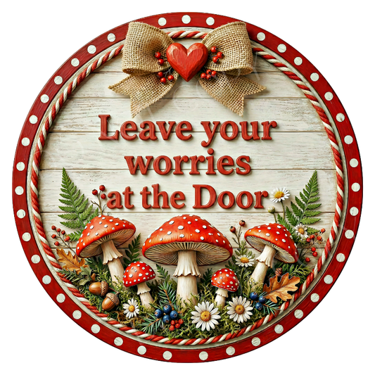 Leave Your Worries At The Door Wreath Sign, Round Metal Sign For Wreaths, Wreath Attachment, Everyday Wreath Sign, Mushroom Wreath Sign