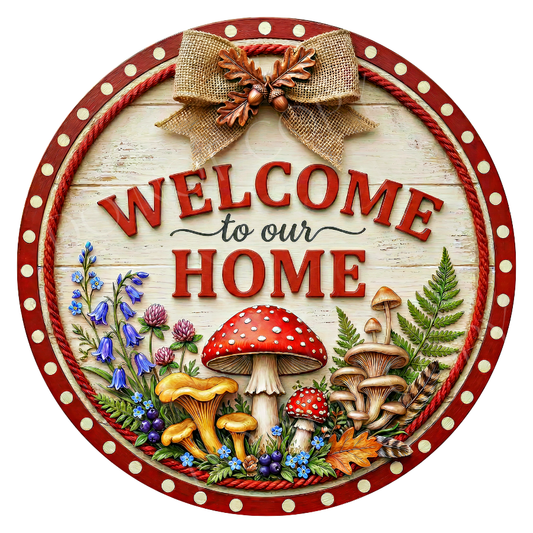Welcome To Our Home Wreath Sign, Round Metal Sign For Wreaths, Wreath Attachment, Everyday Wreath Sign, Mushroom Wreath Sign