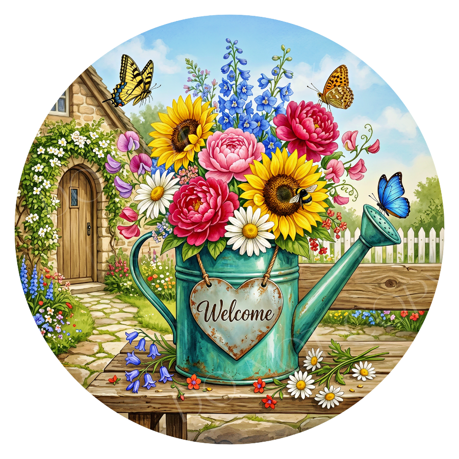Welcome Wreath Sign, Round Metal Sign For Wreaths, Wreath Attachment, Watering Can Wreath Sign, Floral Wreath Sign